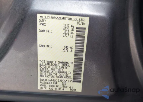 2016 Nissan Altima 2.5 Sl z USA, uszkodzony, nr VIN 1N4AL3AP4GC199237